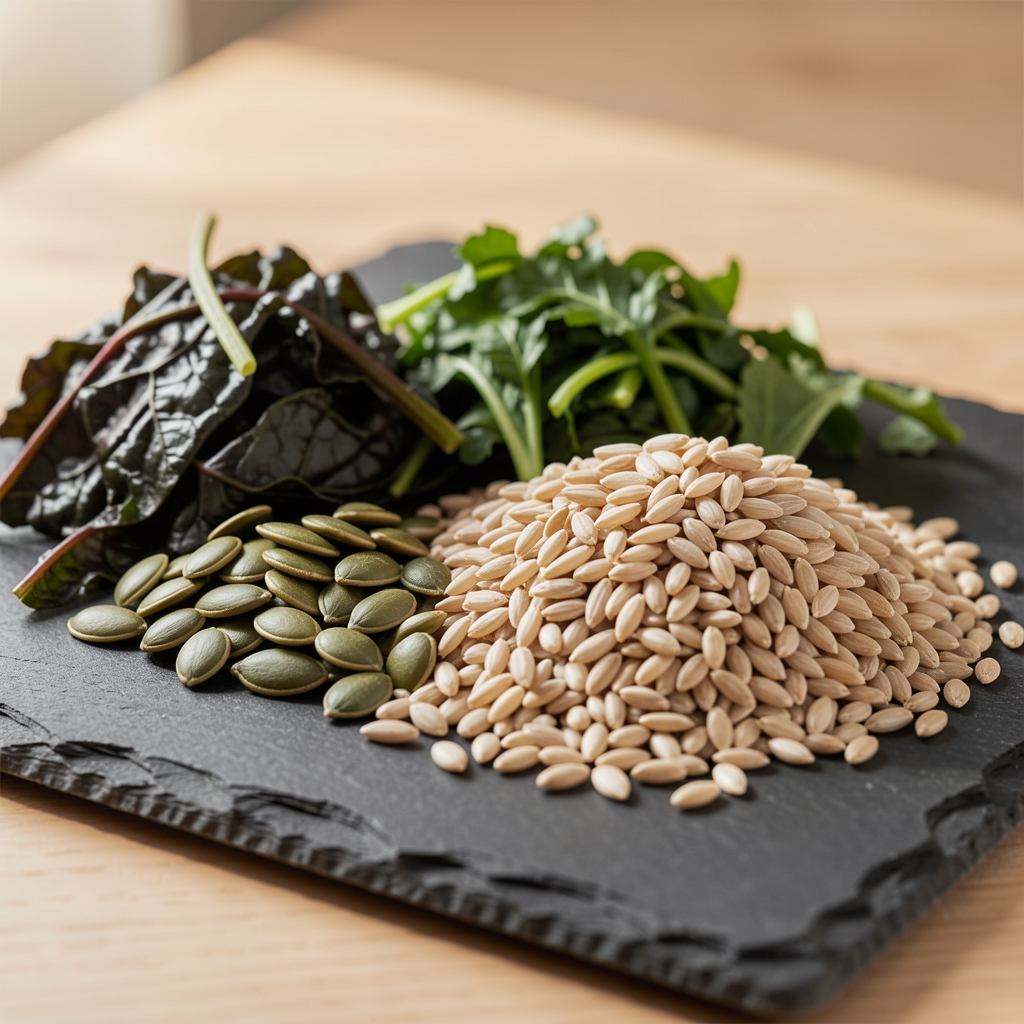 Close-up of zinc and magnesium rich foods including pumpkin seeds dark leafy greens and whole grains arranged on a slate board