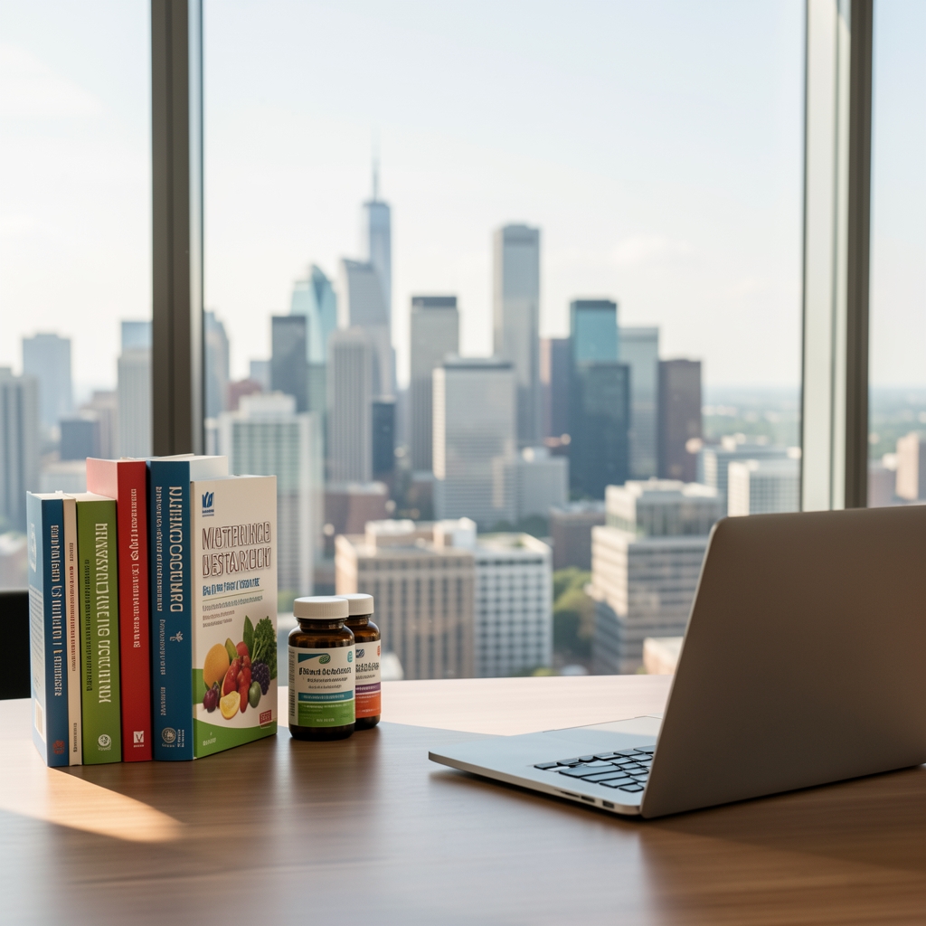 Austin Texas skyline viewed through an office window with nutritional research books and a laptop on the foreground desk