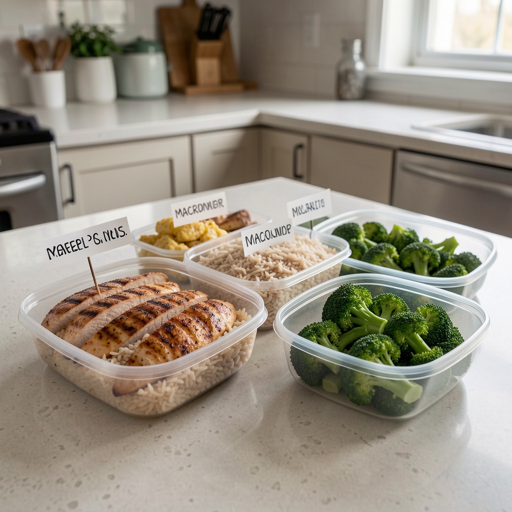 Weekly meal prep containers with labeled macronutrient portions including grilled chicken breast, brown rice, and steamed broccoli arranged systematically on a kitchen counter