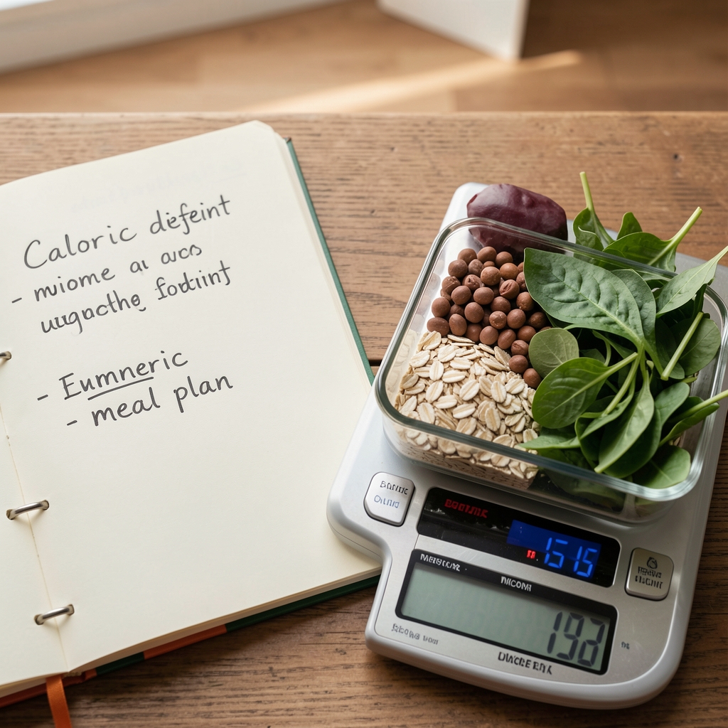 Caloric deficit meal plan written on a notebook beside a digital kitchen scale with measured portions of whole foods including oats legumes and fresh greens