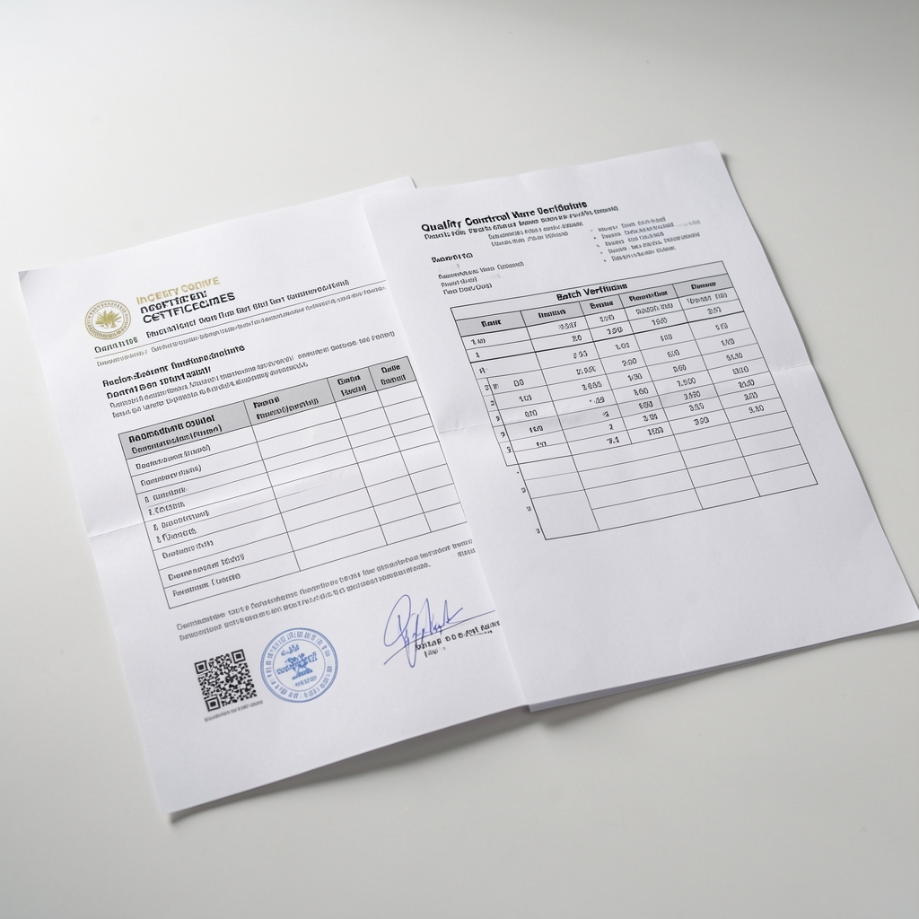 Quality-control documentation laid flat on a clean workspace showing ingredient sourcing certificates and batch verification records under studio lighting