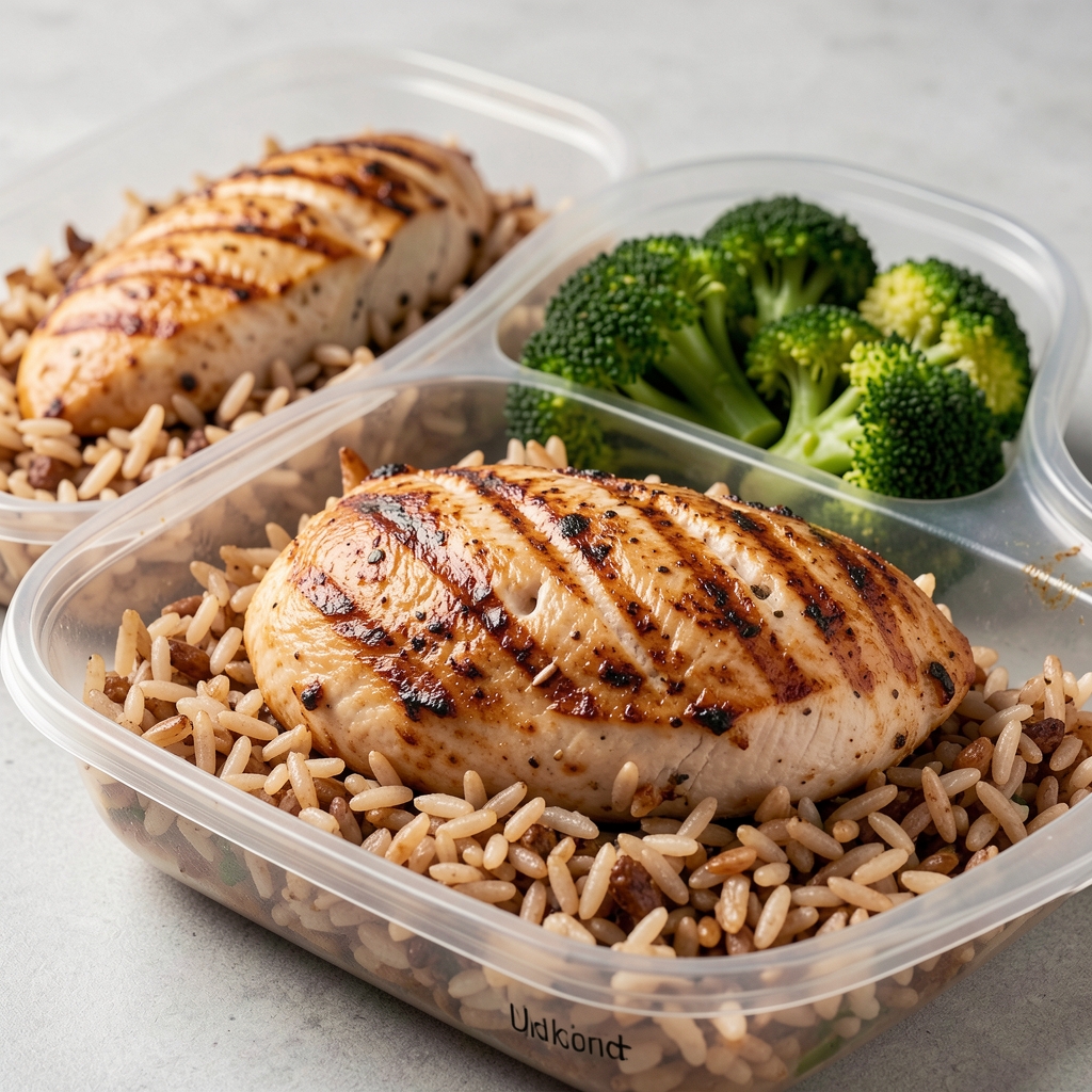 Grilled chicken breast brown rice and steamed broccoli in meal prep containers showing a high protein muscle building meal composition with macronutrient labels