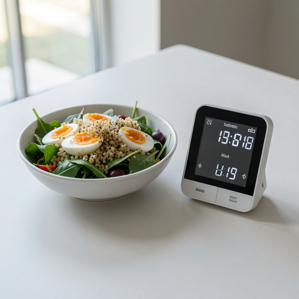 Intermittent fasting meal window timer beside a nutritious lunch of mixed greens quinoa and eggs on a minimalist modern table