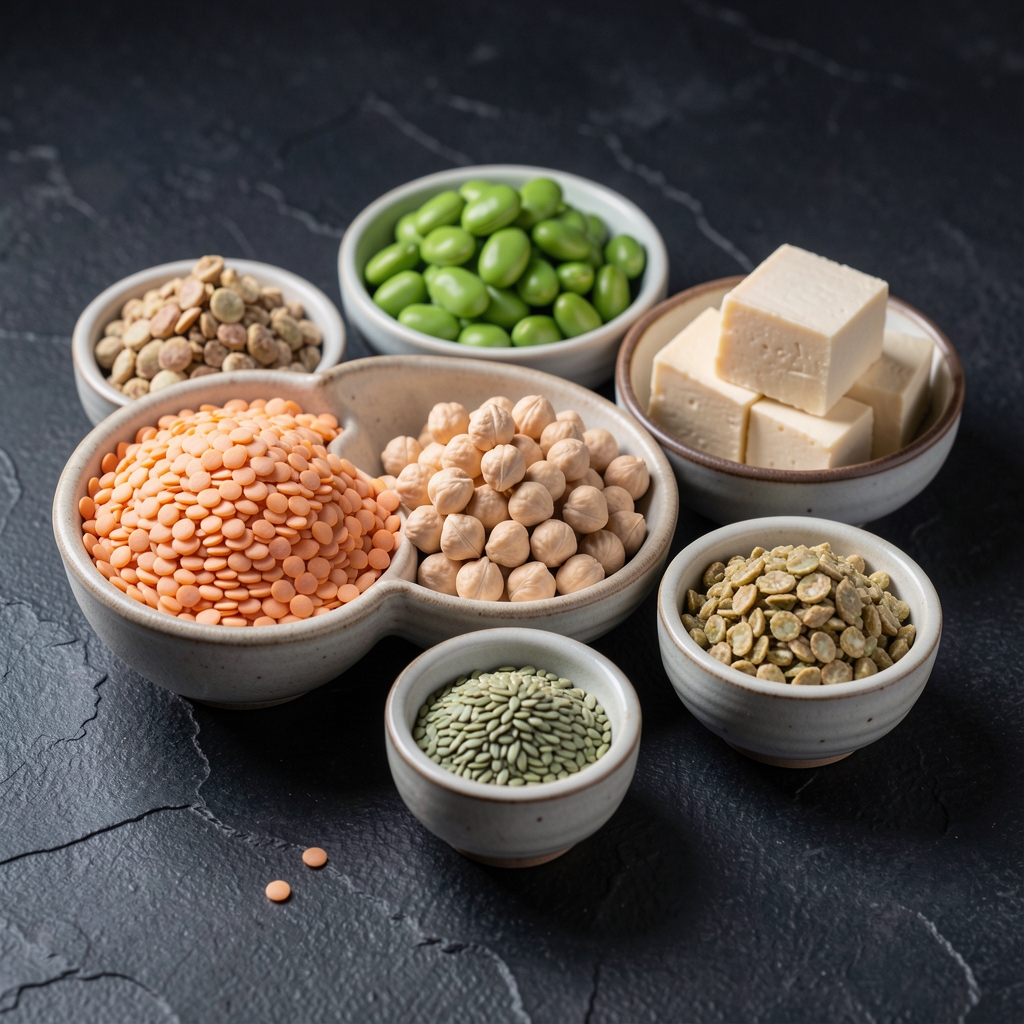 Plant-based protein sources including lentils chickpeas tofu edamame and hemp seeds arranged in small ceramic bowls on a textured dark surface