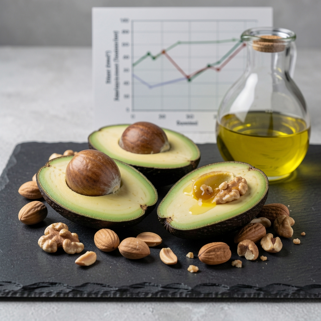Ketogenic diet food arrangement featuring avocado eggs nuts and olive oil on a dark slate surface with a macro ratio chart visible in the background
