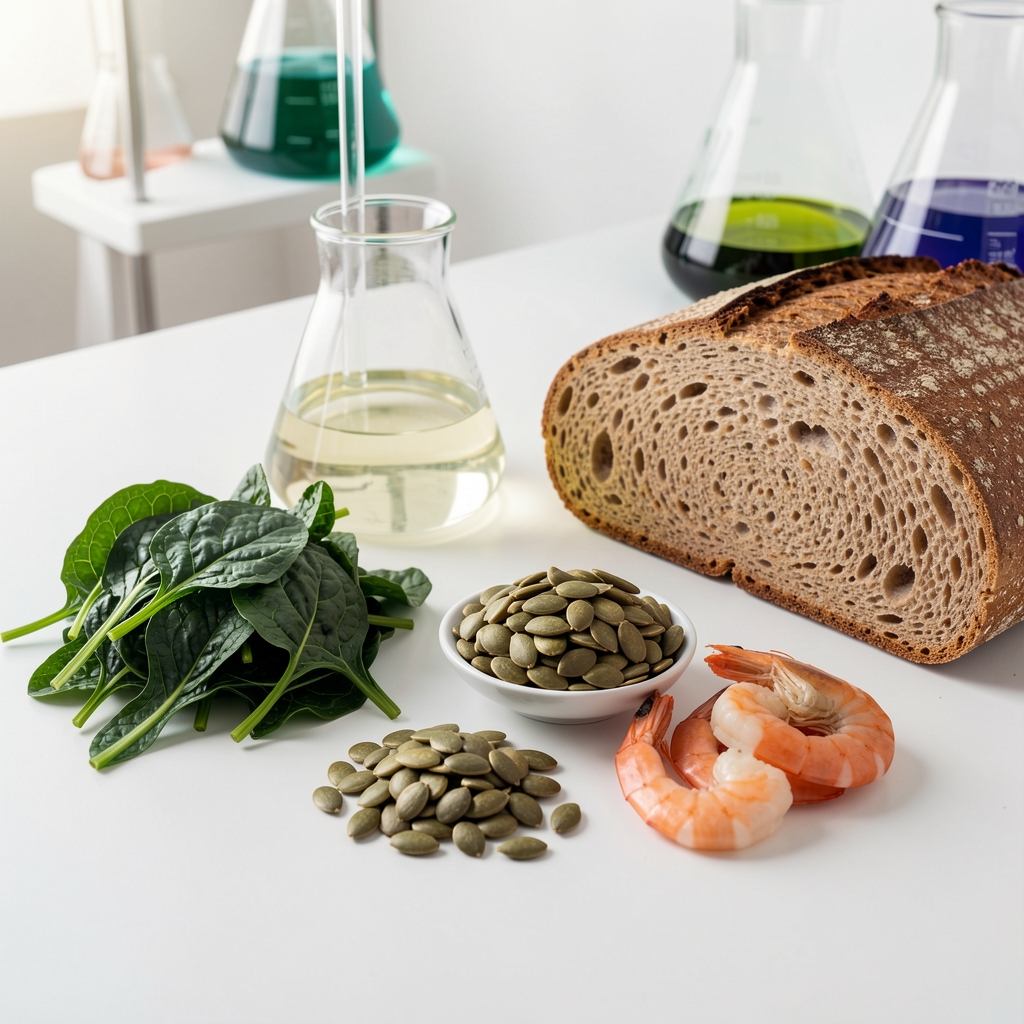 Micronutrient rich foods including dark leafy greens pumpkin seeds shellfish and fortified whole grain bread arranged on a laboratory-style clean surface