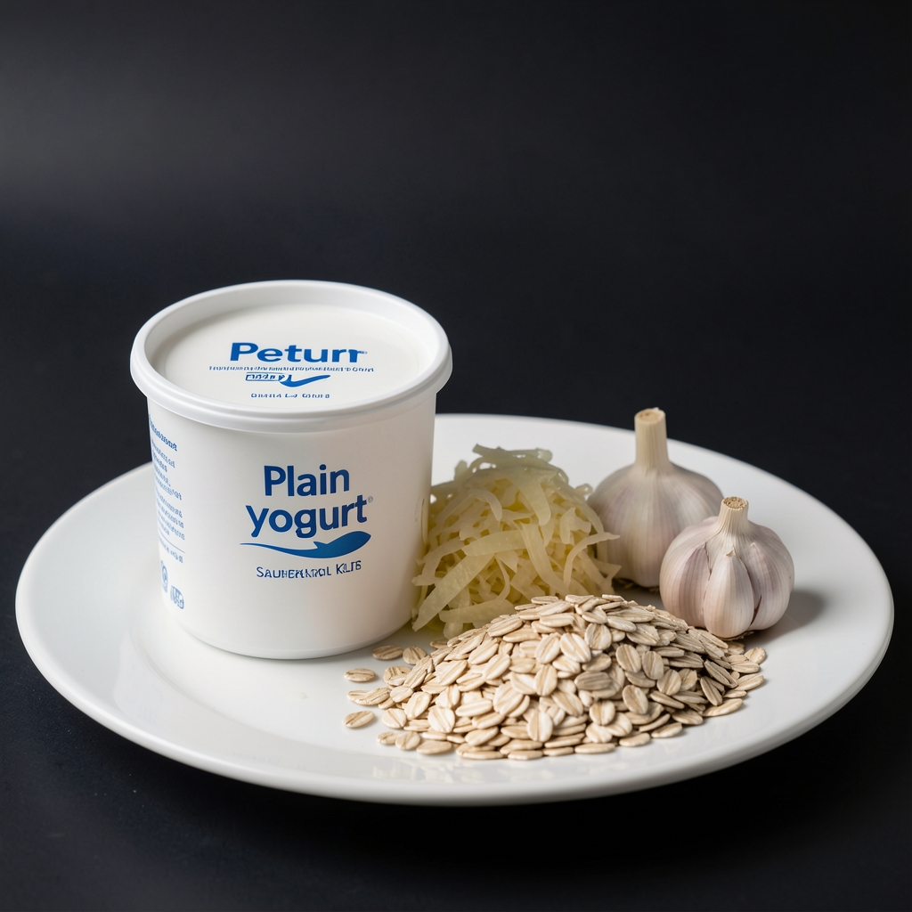 Gut health supporting foods including plain yogurt kefir sauerkraut oats and garlic arranged on a white ceramic plate against a dark background